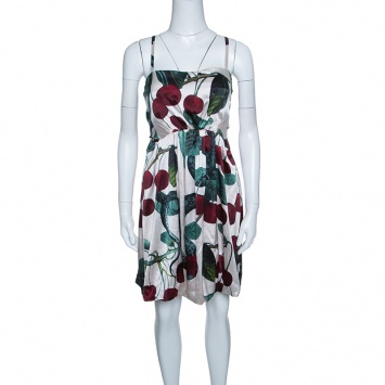 Pre Owned Roberto Cavalli Off White Python and Cherry Printed Silk Back Tie Detail Dress M