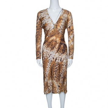 Pre Owned Roberto Cavalli Brown Animal Printed Long Sleeve Maxi Dress S
