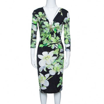 Pre Owned Roberto Cavalli Black Floral Printed Knit Long Sleeve Brooch Detail Dress M