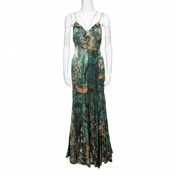Pre Owned Roberto Cavalli Green and Gold Printed Silk Noodle Strap Maxi Dress M