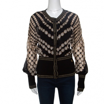 Pre Owned Roberto Cavalli Black Pearl Printed Rib Trim Sheer Blouson Top M