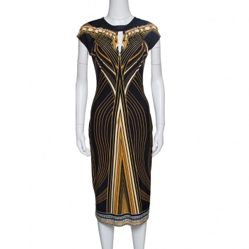 Pre Owned Roberto Cavalli Black Printed Sleeveless Fitted Dress M