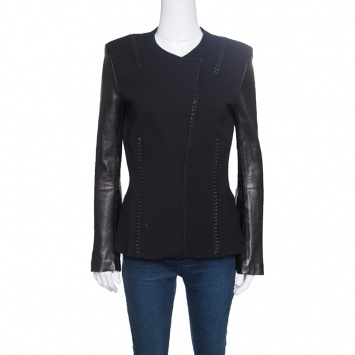 Pre Owned Roberto Cavalli Black Leather Sleeve Detail Wool and Cashmere Jacket S