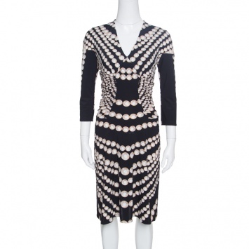 Pre Owned Roberto Cavalli Black Pearl Printed Ruched Midi Dress M
