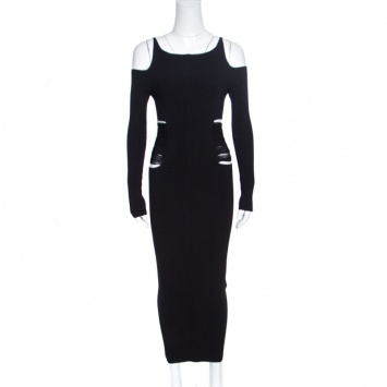Pre Owned Roberto Cavalli Black Ribbed Knit Distressed Waist Detail Cold Shoulder Dress S