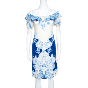 Pre Owned Roberto Cavalli  Ivory and Blue Printed Stretch Knit Ruffled Off Shoulder Dress M