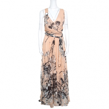 Pre Owned Roberto Cavalli Blush Pink Floral Printed Silk Cross Back Belted Maxi Dress M