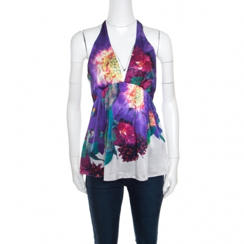 Pre Owned Roberto Cavalli Purple Floral Printed Silk Halter Tie Up Top S