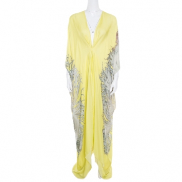 Pre Owned Roberto Cavalli Giallo Yellow Feather Printed Silk Cut Out Detail Kaftan S