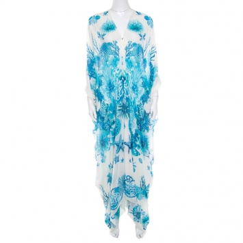Pre Owned Roberto Cavalli White and Blue Underwater Printed Silk Slit Sleeve Detail Maxi Dress S