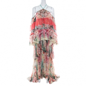 Pre Owned Roberto Cavalli Floral Printed Tiered Silk Lace Trim Off Shoulder Maxi Dress L