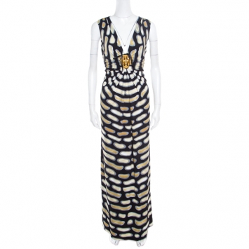 Pre Owned Roberto Cavalli Black Printed Nylon Jersey Brooch Detail Sleeveless Maxi Dress  L