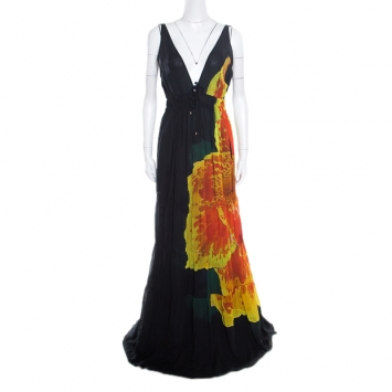 Pre Owned Roberto Cavalli Black Cotton Contrast Print Tiered Sleeveless Maxi Dress  L