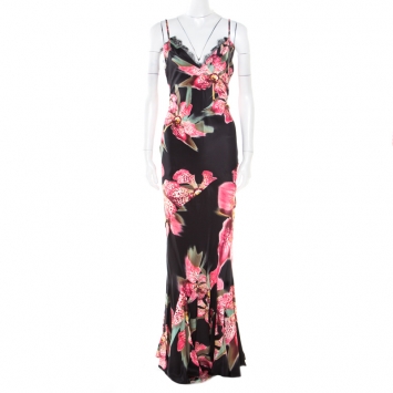 Pre Owned Roberto Cavalli Multicolor Floral and Glitter Printed Silk Maxi Slip Dress M