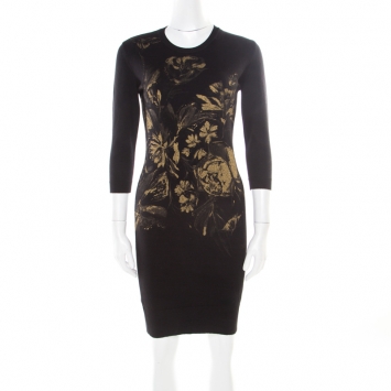 Pre Owned Roberto Cavalli Black Wool Metallic Gold Floral Printed Sweater Dress S