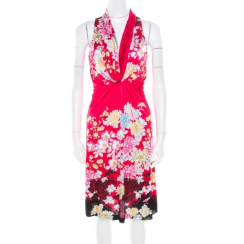 Pre Owned Roberto Cavalli Raspberry Pink Flower Printed Stretch Knit Sleeveless Dress S