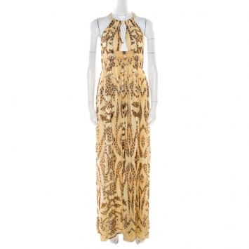 Pre Owned Roberto Cavalli Beige Animal Printed Silk Plunge Neck Cutout Back Dress S
