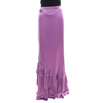 Pre Owned Roberto Cavalli Lavender Satin Silk Ruffled Bottom Maxi Skirt M