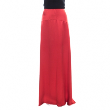 Pre Owned Roberto Cavalli Red Satin Silk Maxi Skirt M