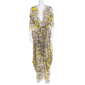 Pre Owned Roberto Cavalli Off White Splatter Printed Silk Belted High Low Kaftan S