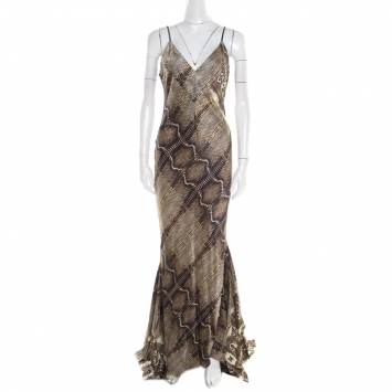 Pre Owned Roberto Cavalli Animal Printed Satin Flared Handkerchief Hem Maxi Dress M
