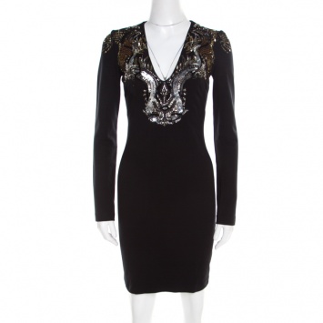 Pre Owned Roberto Cavalli Black Stretch Knit Embellished Plunge Neck Sheath Dress S