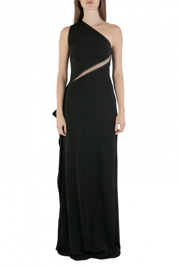 Pre Owned Roberto Cavalli Black Crepe Stretch Sheer Trim Draped One Shoulder Gown S