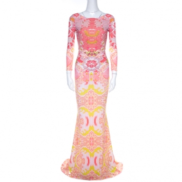 Pre Owned Roberto Cavalli Pink and Yellow Floral Print Ruched Bodice Maxi Dress S