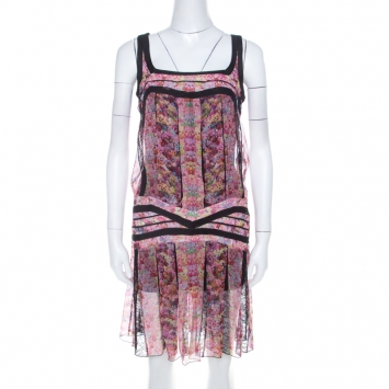 Pre Owned Roberto Cavalli Pink and Black Floral Sheer Silk Lace Trim Sleeveless Shift Dress S