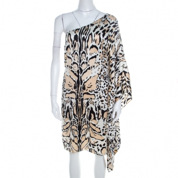 Pre Owned Roberto Cavalli Multicolor Silk Animal Print One Shoulder Asymmetrical Dress L 