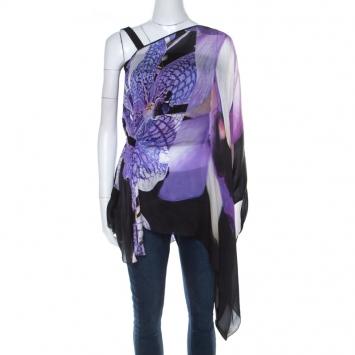 مملوكة مسبقًا Roberto Cavalli Multicolor Abstract Printed Silk Asymmetrical Top M 