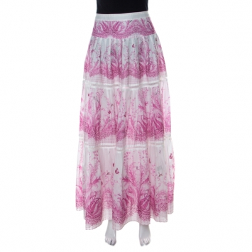 Pre Owned Roberto Cavalli Pink & White Floral Printed Tiered Maxi Skirt M
