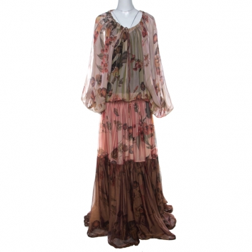 Pre Owned Roberto Cavalli Multicolor Flower and Fruit Print Silk Tiered Maxi Dress M