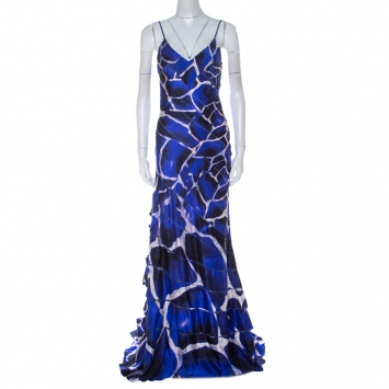 Pre Owned Roberto Cavalli Blue Printed Silk Panel Stitch Detail Camisole Dress S