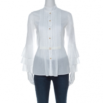 Pre Owned Roberto Cavalli White Cotton Ruffle Sleeve Detail Blouse S 