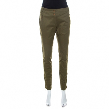 Pre Owned Roberto Cavalli Olive Green Stretch Cotton Zipper Detail Tapered Pants M 