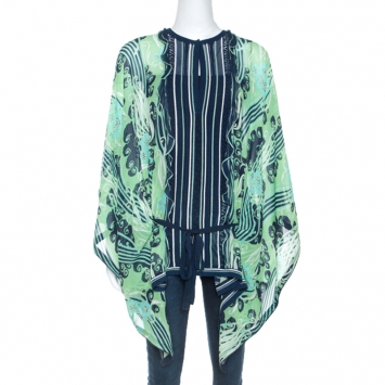 Pre Owned Roberto Cavalli Green and Navy Printed Silk Belted Kimono Top L