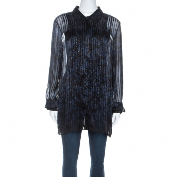 مملوكة مسبقًا Roberto Cavalli Black Burnout Printed Silk Button Front Shirt L