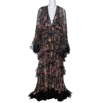 Pre Owned Roberto Cavalli Black Floral Print Silk Tiered Plisse Lace Trim Maxi Dress M