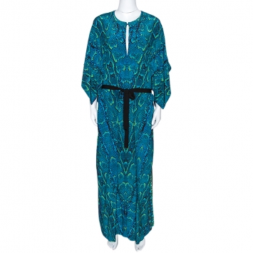 Pre Owned Roberto Cavalli Blue Snakeskin Print Silk Belted Kaftan Dress L