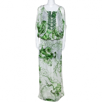Pre Owned Roberto Cavalli Green Coral Reef Print Silk Embellished Kaftan Dress L