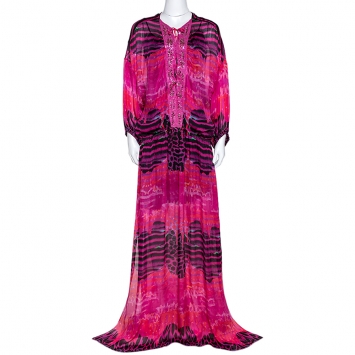 Pre Owned Roberto Cavalli Pink Printed Silk Embellished Neckline Detail Maxi Dress L