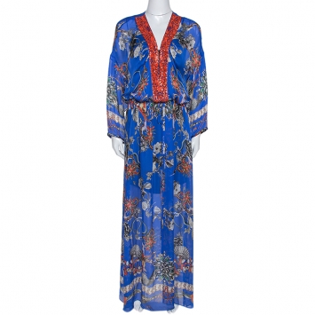 Pre Owned Roberto Cavalli Blue Floral Print Silk Bead Embellished Kaftan Dress M