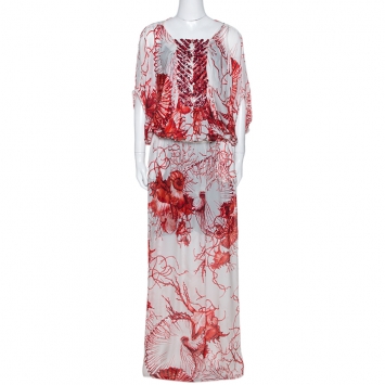 Pre Owned Roberto Cavalli Red & White Coral Reef Print Silk Embellished Kaftan L