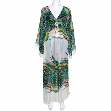 Pre Owned Roberto Cavalli Green & White Feather Print Silk Front Slit Detail Kaftan M