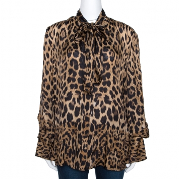مملوكة مسبقًا Roberto Cavalli Brown Leopard Print Textured Silk Neck Tie Detail Top L