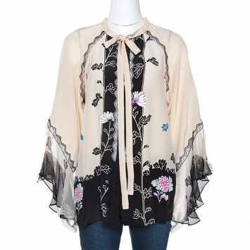 Pre Owned Roberto Cavalli Cream and Black Floral Print Silk Lace Trim Shirt M