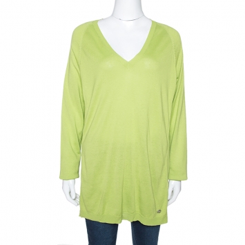 Pre Owned Roberto Cavalli Lime Green Cashmere & Silk Paneled V Neck Sweater L