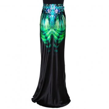 Pre Owned Roberto Cavalli Black Fluorite Crystal Printed Silk Maxi Skirt L