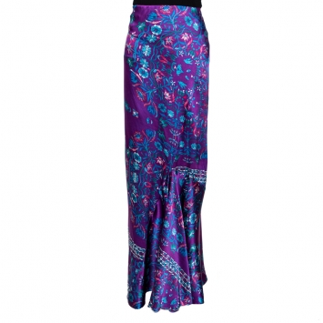 Pre Owned Roberto Cavalli Purple Floral Print Silk Satin Flared Maxi Skirt L